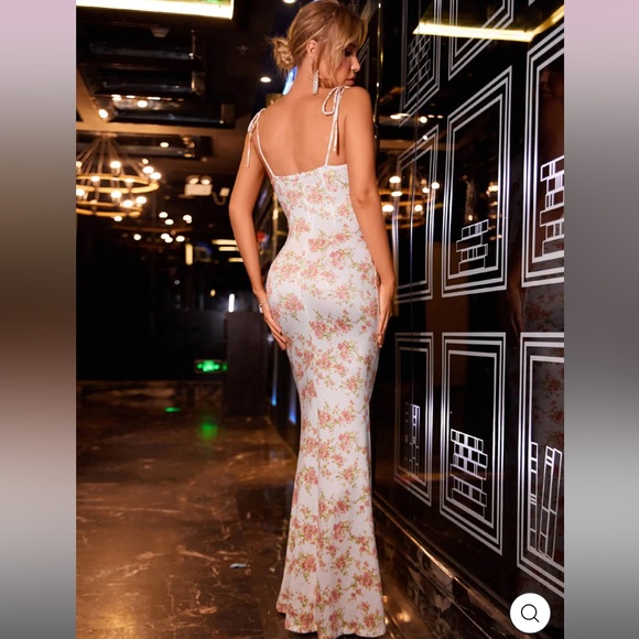 Tie Shoulder Fishtail Hem Floral Print Prom Dress - Rose - Picture 2 of 2